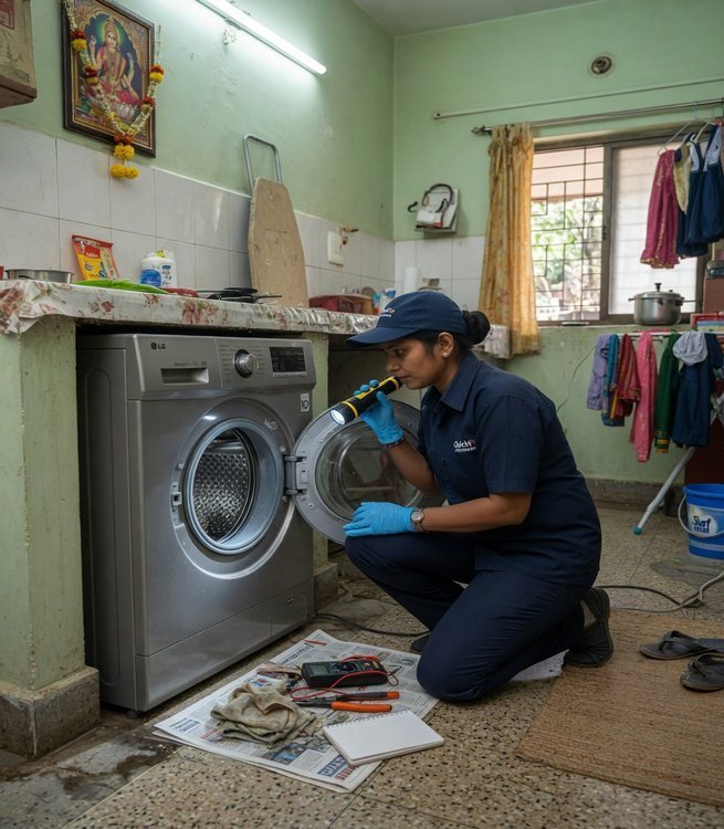 Technician servicing washing machine at Indian home